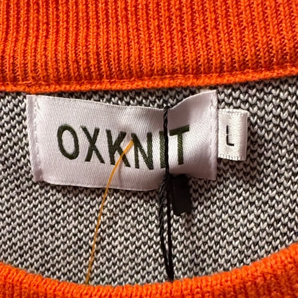 Whimsical Oxyknit Cat Graphic Sweater with Orange Trim L